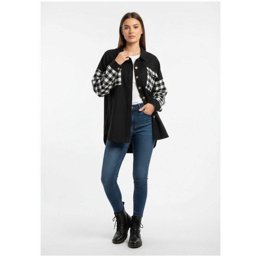Haptics‎ by Holly Harper Black Buffalo Plaid Sleeve Shirt Jacket Womens 1X